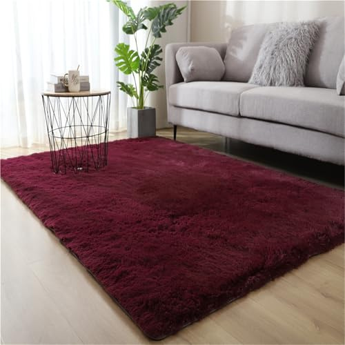 NEPHRA Flauschiger Hochflor Teppich 200x300 cm, rutschfest, abwaschbar, flusenbeständig, Plüsch für Wohnzimmer, Schlafzimmer, Büro und Kinderzimmer(Burgundy,200 x 300 cm)