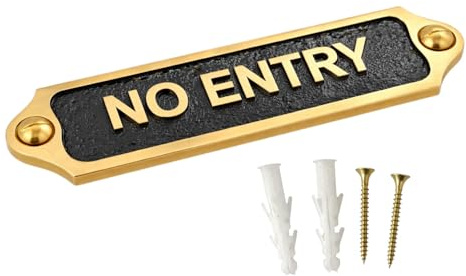 NO ENTRY Brass with Black Metal Door & Wall Sign Plaque | Restricted Access Warning Name Plate with Screws for Home Office Shop Gate | 21.5 x 4.5 cm | NO ENTRY