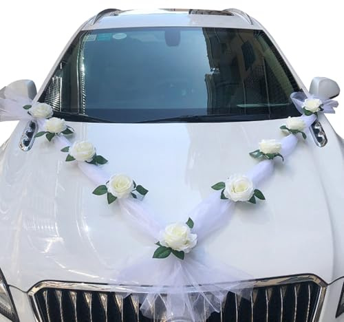 JurciCat Autoschmuck hochzeit set 9 Rosen mit Saugnäpfen 2 weiße Organza Bänder Ideal für die hochzeitsdeko auto und Partyfahrzeugen