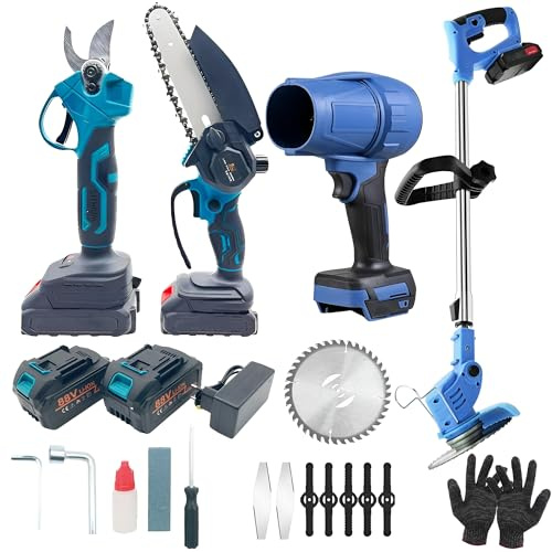 AKIZA Kit Giardinaggio 4 in 1 a Batteria 88V con Motosega, Tronchese, Soffiatore e Decespugliatore, 2 Batterie Ricaricabili – Set Completo per Potatura e Pulizia Giardino