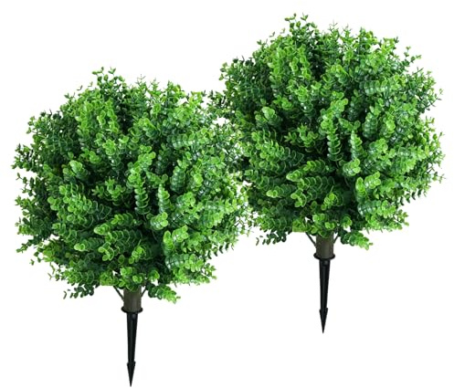Walmeck Lot de 2 Arbres Topiaires D'eucalyptus Artificiels de 45 Cm, Fausse Plante Réaliste, Arbuste Verdure avec Piquet Sol pour Intérieur et Extérieur, Jardin, Porche, Terrasse,