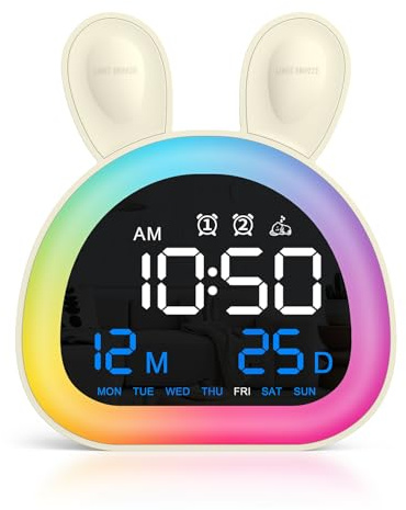 OQIMAX Kinderwecker mit Nachtlicht und Weckgeräusche der Natur– Süßer Hasen Wecker mit Bluetooth Zeitsynchronisation für Mädchen Jungen, Schlummerfunktion, Dual Alarms, 12/24, Sprachsteuerung