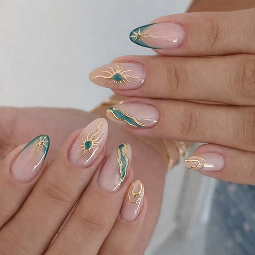 24PCS Short Almond Green Press On Nails - Glossy Acrylic Full Cover with Marble French Tip & 3D Gold Line Accents for Wedding Guest, Party, Holiday and Everyday Chic Wear