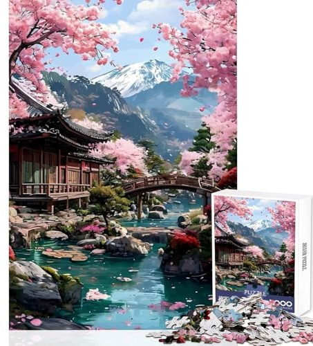 Puzzle pour Adultes 1000 pièces Jardin Japonais avec cerisiers en Fleurs Décoration intérieure Jouet Cadeau d'anniversaire Jeu Pratique pour Partager Un Moment Complice Parent-Enfant 38x52cm