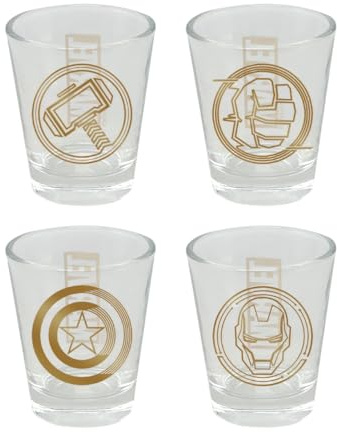 Elbenwald Marvel - Set di 4 bicchierini per shot, con simboli di Thor, Iron Man, Hulk & Captain America, 50 ml ciascuno, in vetro