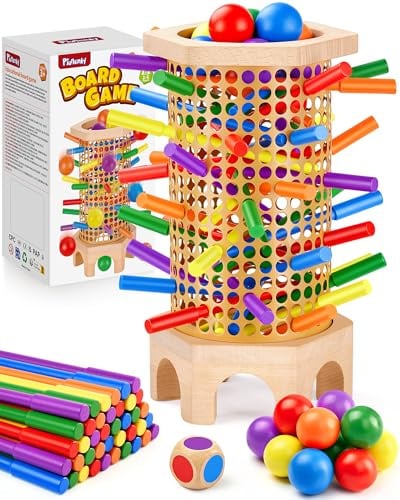 Montessori Spielzeug ab 3 Jahren Holz Brettspiel, Motorik & Konzentration | bunten Antirutsch-Stäbchen, Ball & Würfel, 3-6 Jahren lernspielzeug, 2-6 Spieler, Geschenk, Familienspiel, tragbare Größe