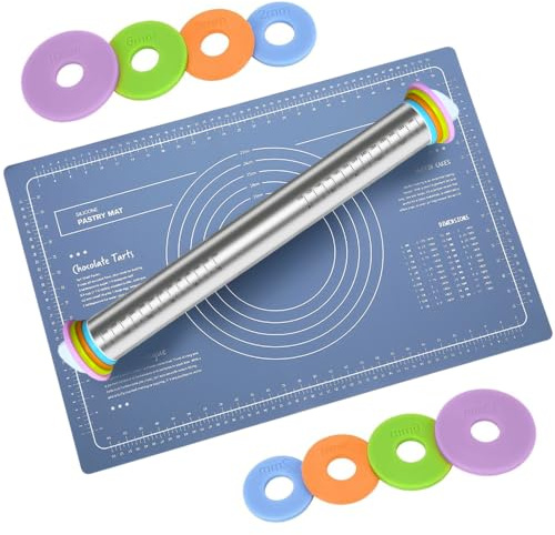 Mattarello con Spessori, Acciaio Inox, 42cm, con Tappetino Silicone 60x40cm | Regolabile, Antiaderente, 4 anelli Spessore 2/3/6/10mm, per Pizza, Biscotti, Pane e Pasta di Zucchero