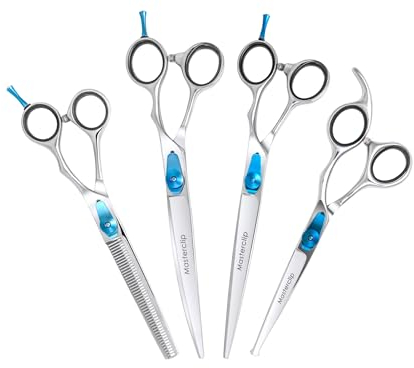 Masterclip Essentials Dog Grooming Scissors - Complete 4 Pack Professional Scissor Set for Pets – to Include Finishing, Thinning, Curved and Bull Nose Safety Scissors – Suitable for Right Handed Users