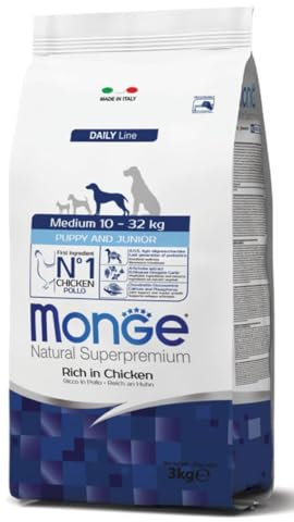 Monge Natural Superpremium PUPPY AND JUNIOR RICH IN CHICKEN, Hundefutter für alle Rassen (Trockenfutter für Hunde zwischen 10 - 32 kg, mit Huhn, sehr Ballaststoff- & Vitaminreich, 3 kg)