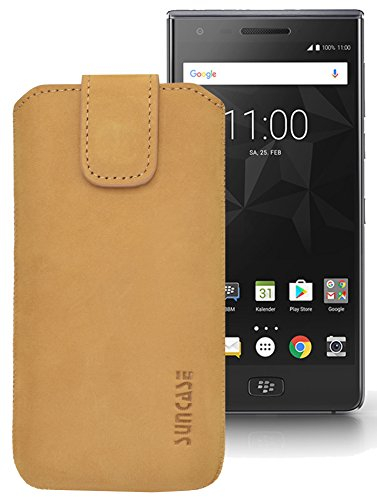 Suncase ECHT Ledertasche Leder Etui für BlackBerry Motion Tasche (mit Rückzugsfunktion) antik-Camel