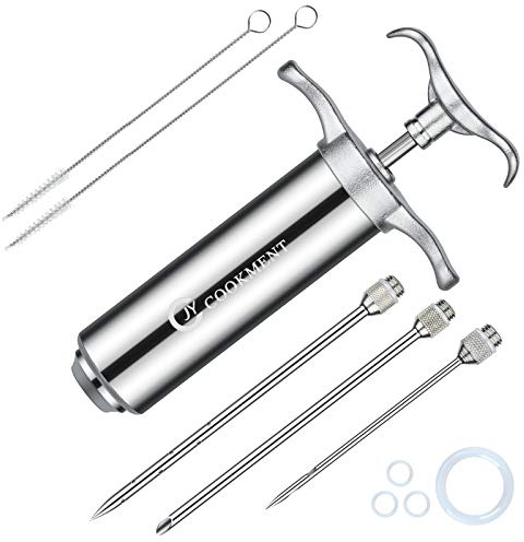 JY COOKMENT Meat Injector Syringe 2-oz Marinade Flavor Barrel 304 Stainless Steel with 3 Professional Needles 2 Cleaning Brushes and 4 Silicone O-Rings