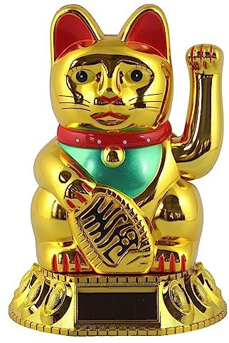 Freak Scene Glückskatze - Maneki-Neko - Winkekatze Solar - runder Sockel - 18 cm - Gold