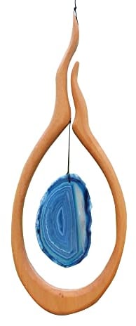 Fensterdeko aus Holz Feuer mit blauem Achat Stein, Fensterschmuck, Heilstein, hängend