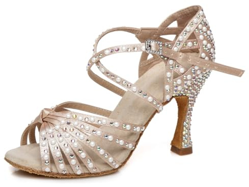MINITOO Women's Ballroom Dance Shoes Glitter Rhinestones Salsa Latin Dancing Heels L429 Nude UK 8