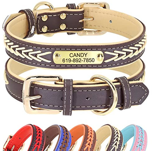 Didog Hundehalsband, Leder, mit Gravur des Namensschildes aus Messing, geflochtenes Leder, weich gepolstert, verstellbar, für kleine, mittelgroße und große Hunde,Beige, XXL(Halsumfang 52–62 cm)