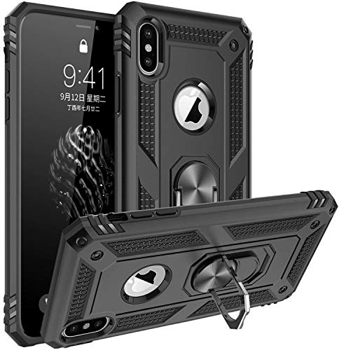 Fetrim Hülle Kompatibel für iPhone X, doppellagig stoßfest Schutzhülle mit Drehring Ständer für Apple iPhone X/XS Schwarz