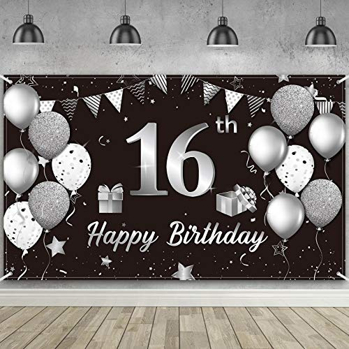 Happy 16th Birthday Hintergrund Banner Extra Großer Stoff Schwarz Silber 16th Birthday Schild Poster Fotografie Hintergrund Banner für Süßes 16th Birthday Anniversary Party Dekor, 183 x 100 cm
