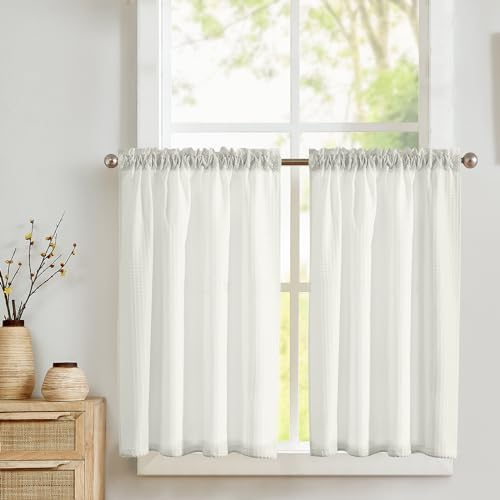TOPICK Blickdicht Scheibengardinen Küche Beige Bistrogardine mit Tunnelzug Gardinen Kurz mit Waffel Muster Halbtransparente Küchengardinen für Kleine Fenster Wohnmobil Landhaus 2er Set 90Bx90H cm