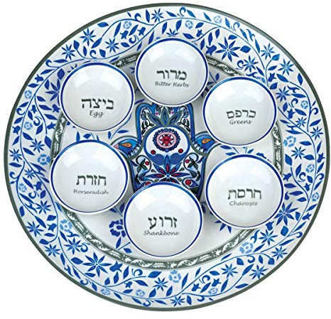 Aviv Judaica Artistisches Florales Hamsa Pesach-Seder-Plättchen 34,3 cm Keramik-Sader-Geschirr mit 6 Mini-Tellern für Symbolische Seder-Lebensmittel Atemberaubende Runde Pessach-Ablage Chamsa