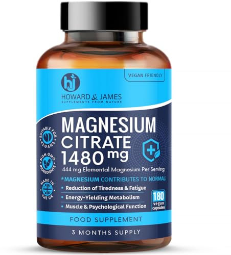 Magnesium Citrate 1480mg - 180 Vegan Capsules not Tablets - Providing 444mg Elemental Magnesium - 3 Month Supply - High Strength Supplements - Made in The UK by Howard & James