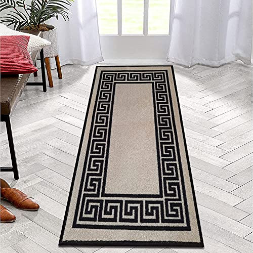B&B Non-Slip Washable Large Entrance Door mat | 66 x 120 cm Outdoor and Indoor Dog Muddy Paws Floor Protector, Hallway, Bath and Kitchen Anti-Slip Mats - Greeky Rug - Beige & Black
