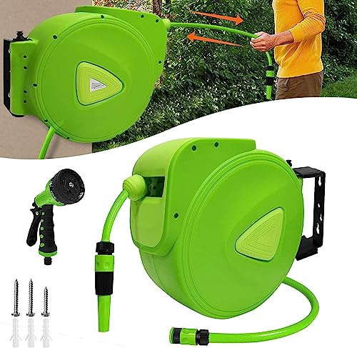 NAIZY Schlauchtrommel 20m Wasserschlauch Trommel 3/4 Anschluss Schlauchaufroller 180° Schwenkbare Gartenschlauch Aufroller Automatik mit Stoppball und Schnell-Verschlusskupplung, Grün