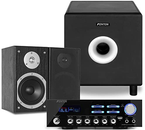Fenton Equipo estéreo 2.1 Hi-Fi con Bluetooth, Altavoces SHFB55B de 5, subwoofer Activo de 8, Amplificador AV120BT, USB y entradas para Karaoke, Sonido Completo y Envolvente