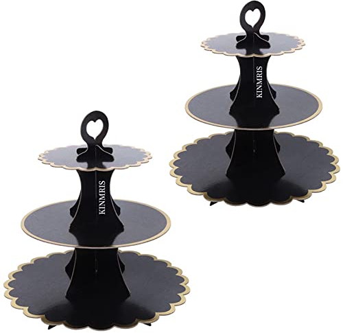 KINMRIS 2 Pack Cupcake Stand 3-Tier Lace Edge Dessert Stand, Black Cardboard Cupcake Stand, Birthday Party SUPPLIES TIER 3 Tier