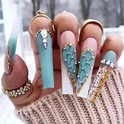 Brishow Valentine's False Nails Green Long Fake Nails Mesh Heart Press on Nails Rhinestone Stick on Nails Full Cover 24pcs for Women and Girls
