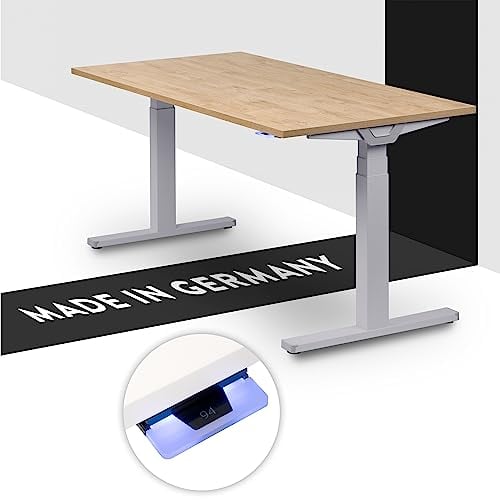 boho office® Höhenverstellbarer Schreibtisch 120 x 80 cm - Made in Germany, Elektrisch stufenlos, 2 Motoren, 3-Fach Teleskop, Kollisionsschutz - Premium Line Silber inkl. Tischplatte in Wildeiche