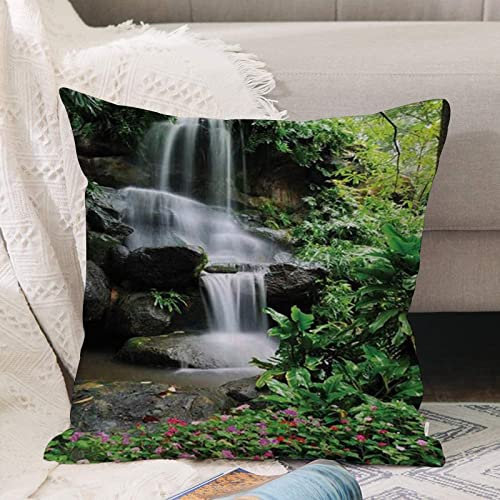 Kissenbezug 45x45 cm,Wasserfall Teich Blumen Tropische Pflanzen Majestic Fresh Jungle Garde,Outdoor Kissen Kissenbezüge Kissenhülle Sofa Kissen dekokissen Zierkissen für Wohnzimmer Garten deko draußen
