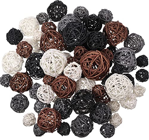 Lot de 72 boules décoratives en rotin pour centre de table, bols, loisirs créatifs, fête de mariage, pot-pourri, 4 tailles (blanc, gris foncé, marron, noir)