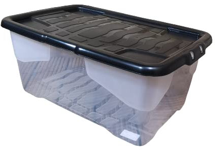 Samuel ALEXANDER 42L Clear Storage Box with Black Lid, Stackable and Nestable Design Storage Solution