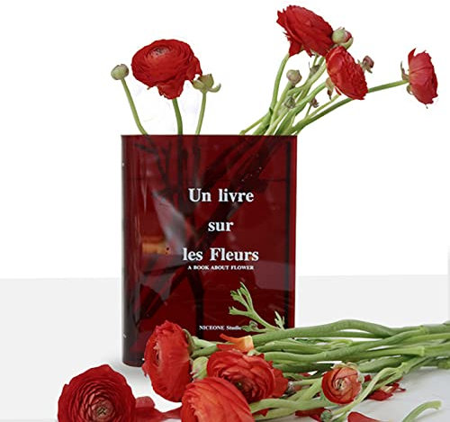 Book Vase, Tulpenvase, Klare Buchblumenvase, Acryl-Büchervase, Transparente Vase Für Blumen, Tischdeko Wohnzimmer Für Blumenarrangements Und Heimdekoration, Red
