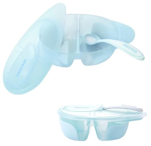 Kikkaboo Kinderschüssel Tasty Doppelkammer, Löffel, Deckel, großes Fach 150 ml blau