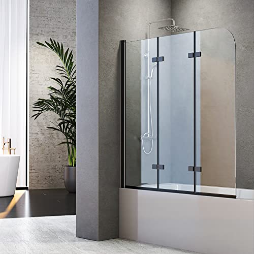 Duschwand für Badewanne Faltbar 130 x 140 cm 3 teilig Faltbar mit 6mm Sicherheitsglas NANO Beschichtung Faltwand,Schwarz Aluminiumrahmen, leicht zu Reinigen