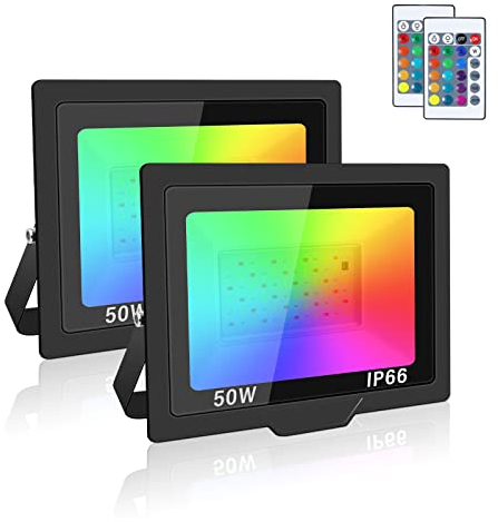 Willpower 2pcs RGB LED Strahler mit Fernbedienung 50W 5000LM, LED Fluter mit Memory-Funktion, Dimmbar Farbwechsel, 16 Farben 4 Modi, IP66 Wasserdicht LED Flutlicht für Aussen Innen Garten Party Deko