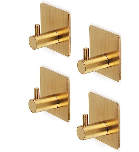 4 Pack Stainless Steel Self Adhesive Hooks, Heavy Duty - Door, Wall, Bathroom, Kitchen - Stick on Hooks for Coat, Bag, Hat, Towel, Supplies - No Drilling - Gold
