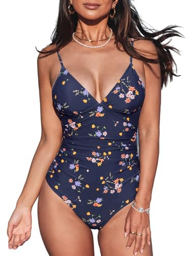 CUPSHE Damen Badeanzug V Ausschnitt Bauchweg Raffungen Triangelkörbchen Blumenmuster Einteilige Bademode Swimsuit Marineblau mit Blumenmuster M