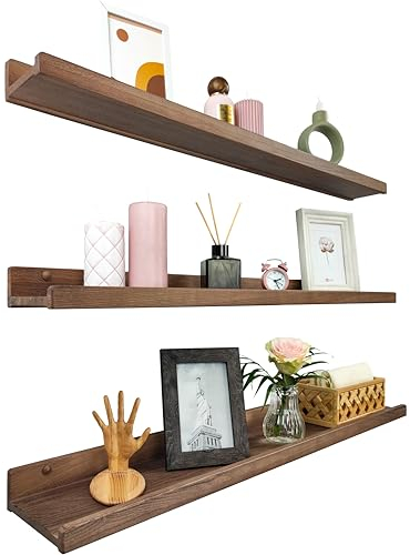 Handgearbeitet Wandregal 90cm, Regal Wand Holz 3er-Set, Hängeregal Wandhalterung Regalbrett, Modern Schweberegal, Schmales Bilderleiste für Badezimmer, Wohnzimmer, Küche, Schlafzimmer (Nussbaum)