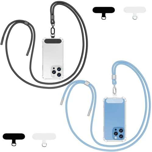 Qyoocom Handykette Universal für alle Smartphones,2 Stück Schlüsselband Kette zum Umhängen mit 4 Universelles Pad,Einstellbar und Abnehmbar. (Schwarz+Blau)