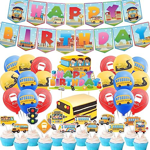 Schulbus Dekoration für Geburtstagsfeiern Zubehör für Schulpartys inklusive Schulbus Happy Birthday Banner Kuchen Cupcake Toppers Luftballons