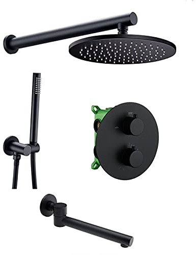 UNLOU Bad-Mischbatterie im runden Stil, Mattschwarz, 3-Wege-Umsteller, Thermostatventil, Messing, 8-16, Badezimmer-Wasserhahn-Set, 8-Zoll-Regendusche