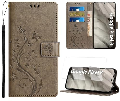 ANSHOW for Google Pixel 8 Wallet Case with Screen Protector, with Wrist Strap, Flip Leather Case with Cards Holder Phone Case with Kickstand Cover for Google Pixel 8, Gray
