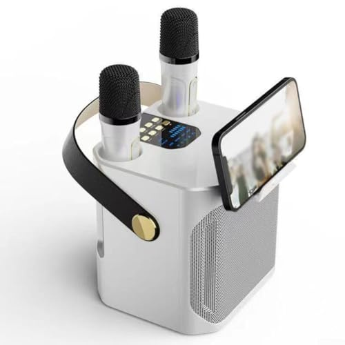 Doppel-K-Sänger-Sound, kompatibel, tragbarer Karaoke-Lautsprecher, Karaoke, Bluetooth-kompatibler Lautsprecher für Partys, Dual-Mikrofon, neuester Chip V5 3 (weiß)