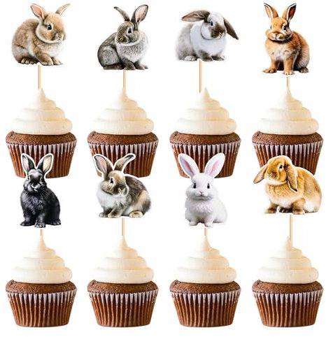 24 Stück Kaninchenmuster Cupcake Toppers Happy Birthday Cake Decor für Kinder Wild Jungle Animal Theme Birthday Party Supplies Feiern Party Events Baby Shower