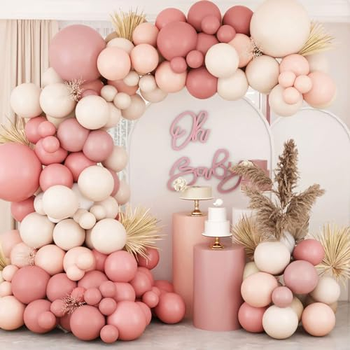 Kit Arco Palloncini Rosa per Addobbi Compleanno, Baby Shower, Birthday Girl, Decorazioni Battesimo Bimba - Con Palloncini Arancione Tenue e Bianco Sabbia