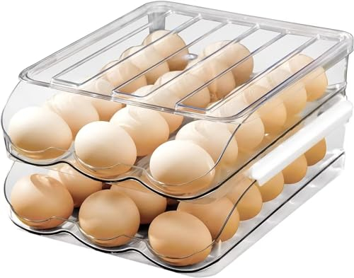 Huevera rodante automática para frigorífico Cartón de plástico apilable para almacenar huevos Estuche transparente reutilizable para bandejas de huevos con tapa Cesta para almacenar huevos (2 pisos)