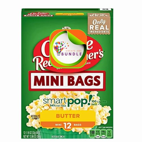 Microwave Popcorn Mini Bags Bundle Includes a Box of Orville Redenbacher Smart Pop Butter Popcorn in Mini Bags and a CreateAndBundle Sticker, 1 Box Contains 12 Mini Bags of Butter Popcorn