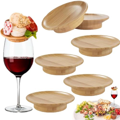Toppers Per Salumi In Vetro da Vino,Taglieri Per Salumi In Vetro da Vino,Set di Piatti Per Antipasti In Legno,Sottobicchieri Topper In Vetro da Vino In Bambù,Previene Gli Schizzi di VinoRosso (4Pezzi)